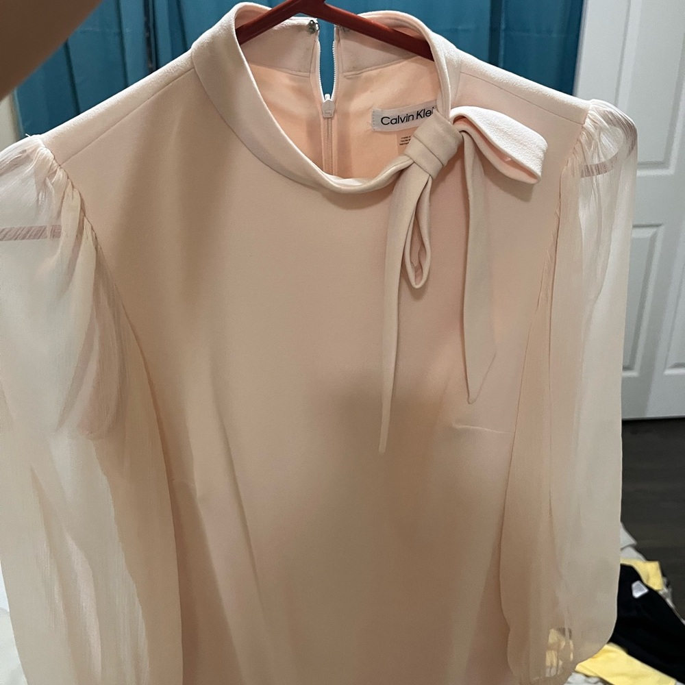 Calvin Klein Pink Tie Front Blouse with Mandarin Collar